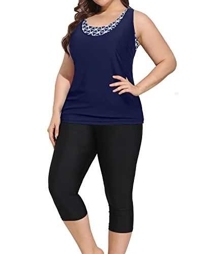 Monokini women swimwear with a unique one - piece - meets - bikini designModest Plus Size Bathing Suits Tankini Tops & Swim Capris-Navy Blue