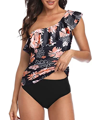 Long - sleeve women swimwear for extra sun protection and modestyBest Tummy Control Swimwear One Shoulder Tankini-Black Orange Floral