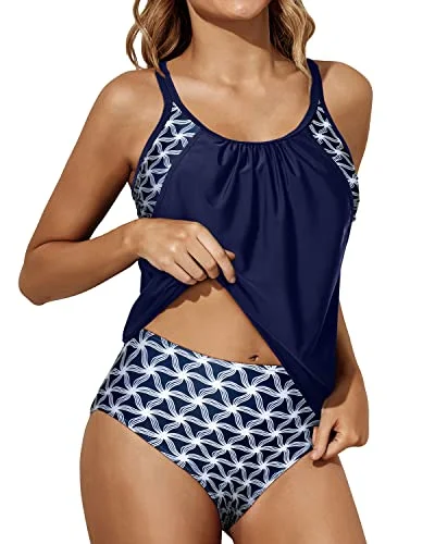 Metallic women swimwear with a shiny finish for a glamorous poolside lookAthletic Tummy Control Bathing Suit Tankini Swimsuits For Women-Blue And White Stars