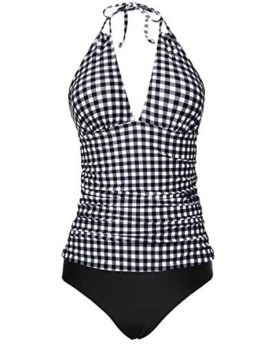 Lace - trimmed women swimwear for an elegant and romantic touchTwo Piece Halter Tankini Swimsuits V Neck Tops Bikini Bottom-Black And White Checkered