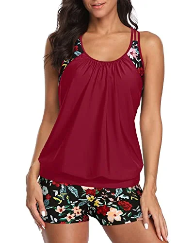 Ruched women swimwear with fabric gathers for a slimming effectLadies Sporty T-Back Tankini Swimwear Tummy Control Boy Shorts-Red Floral