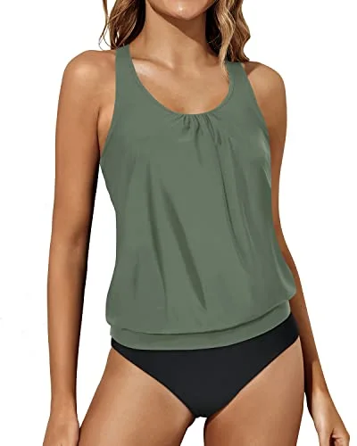 Sports women swimwear for high - intensity water activities like swimming lapsBlouson Two Piece Tankini Swimsuits Women Tummy Control Bathing Suits-Olive Green