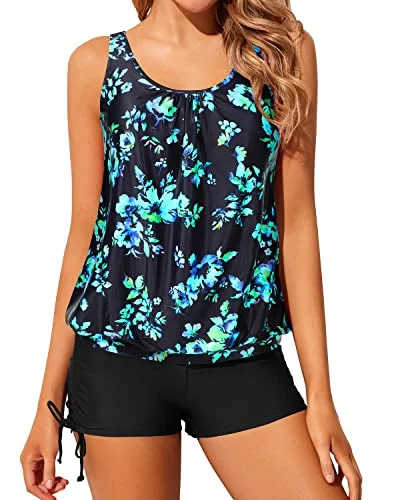 Metallic women swimwear with a shiny finish for a glamorous poolside look2 Piece Blouson Tankini Swimsuits For Women Boyshorts-Black Blue Floral