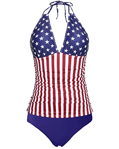 Lace - trimmed women swimwear for an elegant and romantic touchWomen's Halter Tankini V Neck Swimsuit Bikini Bottom-American Flag