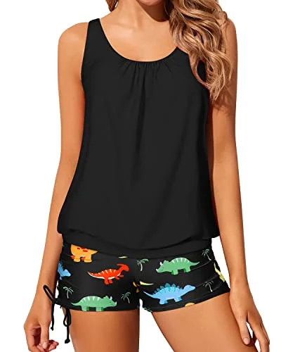 Ruched women swimwear with fabric gathers for a slimming effectLoose Fit Blouson Tankini Swimsuits Boyshorts For Women-Black Dinosaur