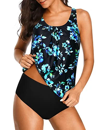 Push - up women swimwear to enhance the bust for a more confident beach lookChic And Cute Blouson Tankini Two Piece Swimsuit For Women-Black Blue Floral