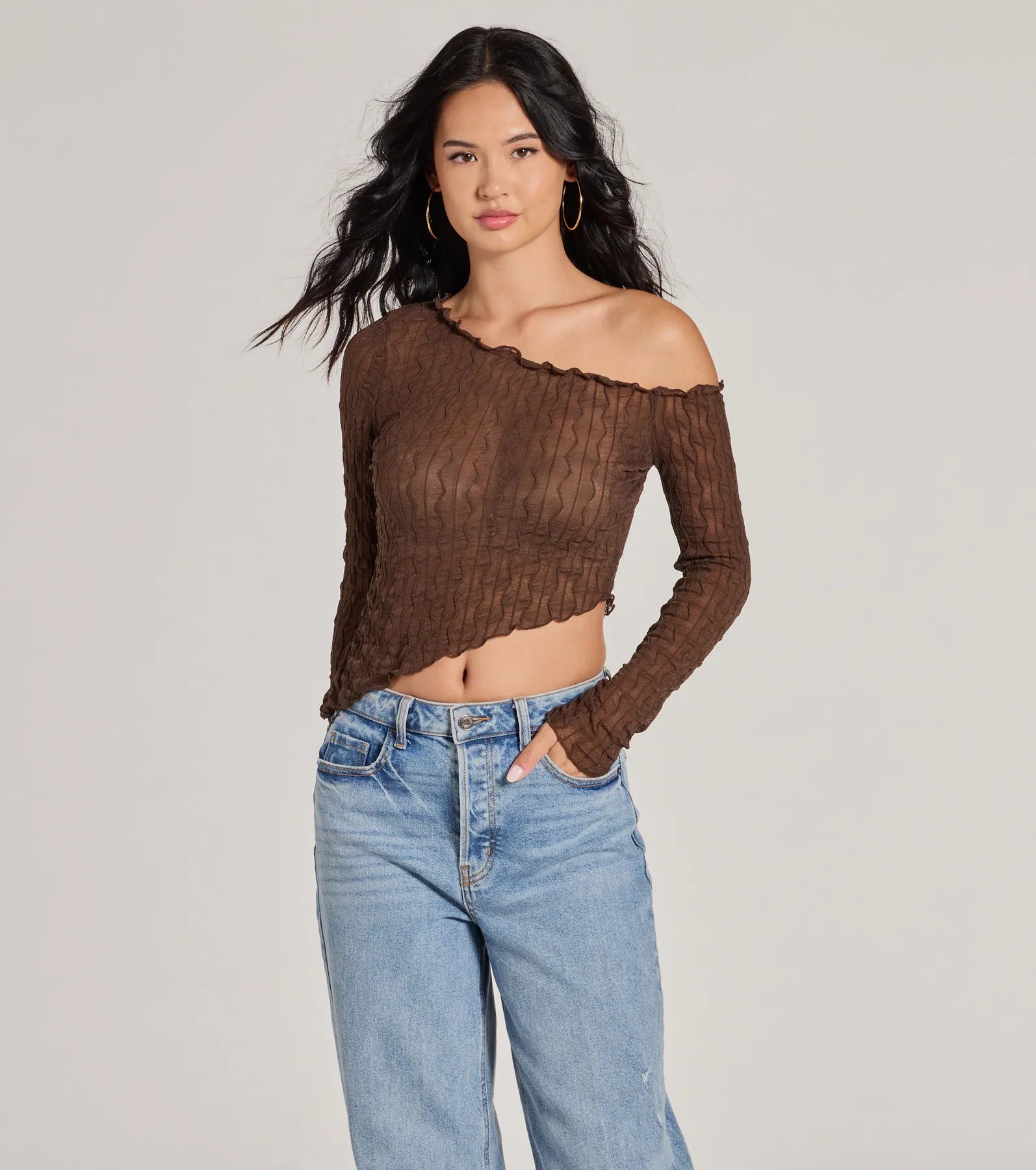 Ribbed Women Long Sleeve Top with a Textured AppealTrend Allure Long Sleeve Asymmetrical Crop Top