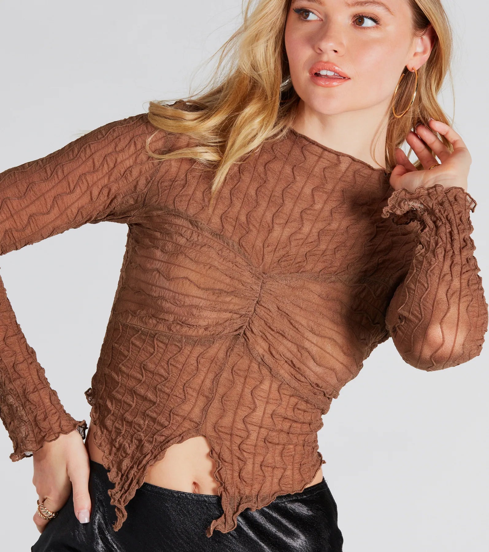 Ribbed Women Long Sleeve Top with a Textured AppealNear And Sheer Texture Mock Neck Crop Top