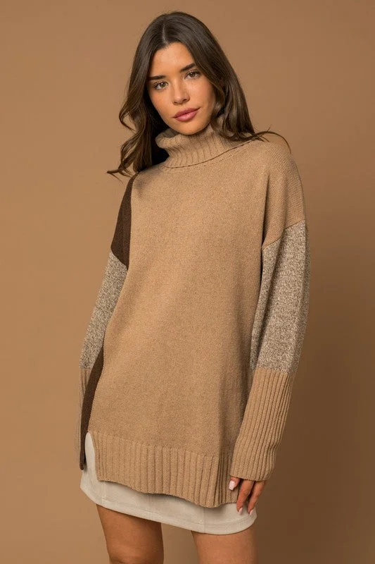 Lightweight Women Long Sleeve Top for Spring and AutumnRHIANNA COLOR BLOCK TURTLENECK SWEATER