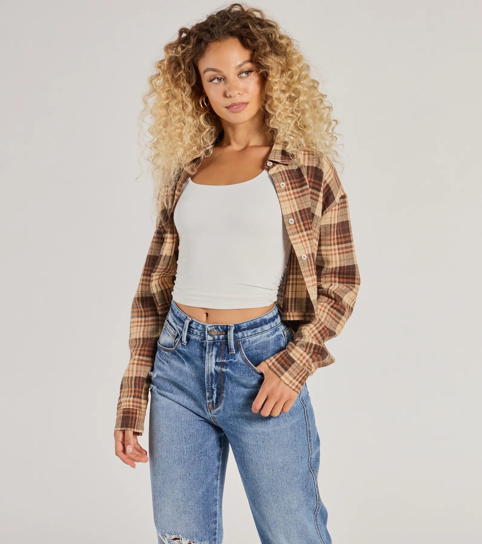 Organic Cotton Women Long Sleeve Top for Eco - Friendly ComfortCasual Act Button-Up Plaid Crop Top