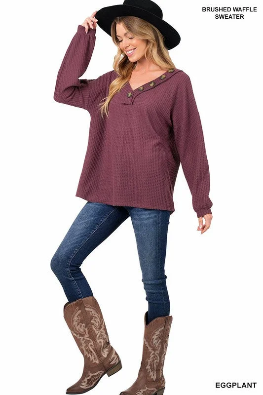 Ruffled Cuff Women Long Sleeve Top with a Feminine TouchNANCY BRUSHED WAFFLE V-NECK BUTTON DETAIL SWEATER