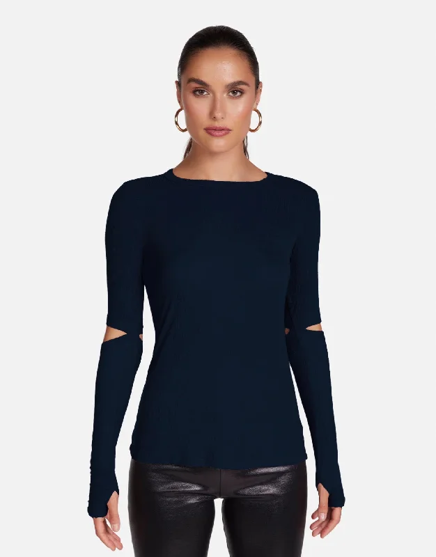 Ribbed Women Long Sleeve Top with a Textured AppealSolomon Dark Navy