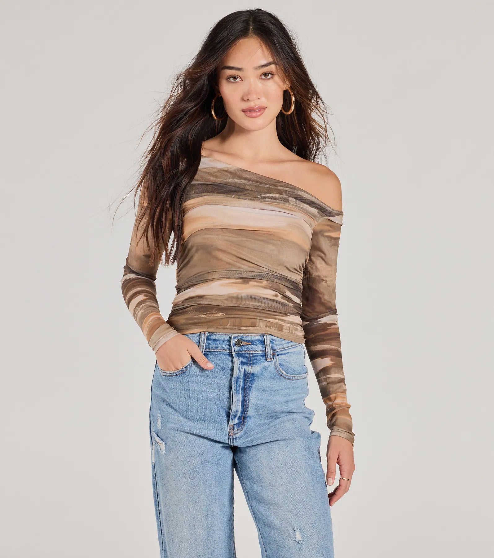 Cable - Knit Women Long Sleeve Top with a Cozy TextureTrendy Abstract Mesh Off-Shoulder Top