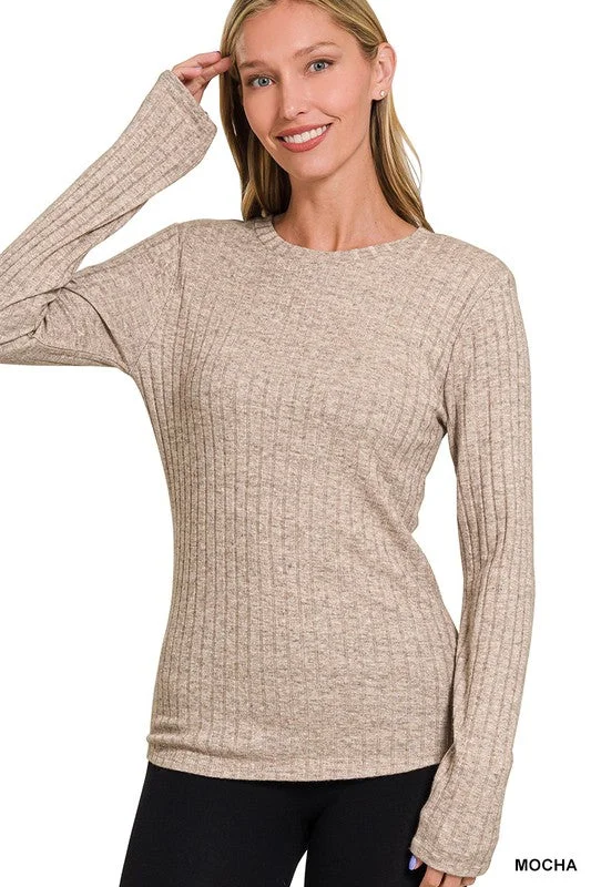 Pocket - Equipped Women Long Sleeve Top for Added FunctionalityABBY RIBBED LONG SLEEVE ROUND NECK TOP