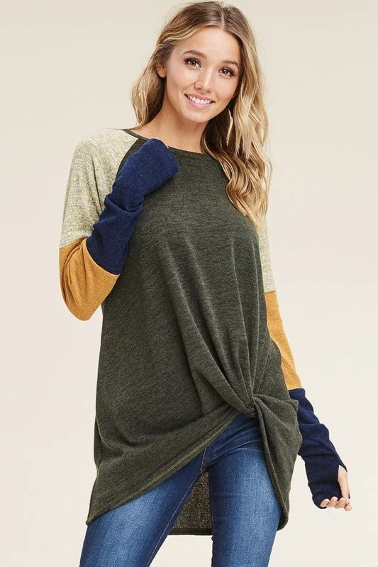 Lace - Trimmed Women Long Sleeve Top for an Elegant LookTamera Twist front Sweater Top With Thumb Holes S-XL