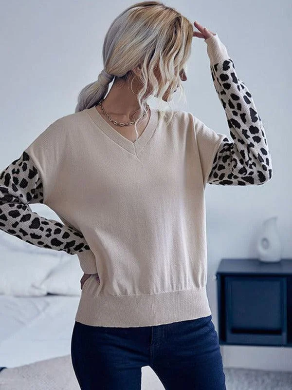 Plus - Size Women Sweater with a Flattering FitV-Neck Knitted Sweater Top Women With Wild Print Sleeves