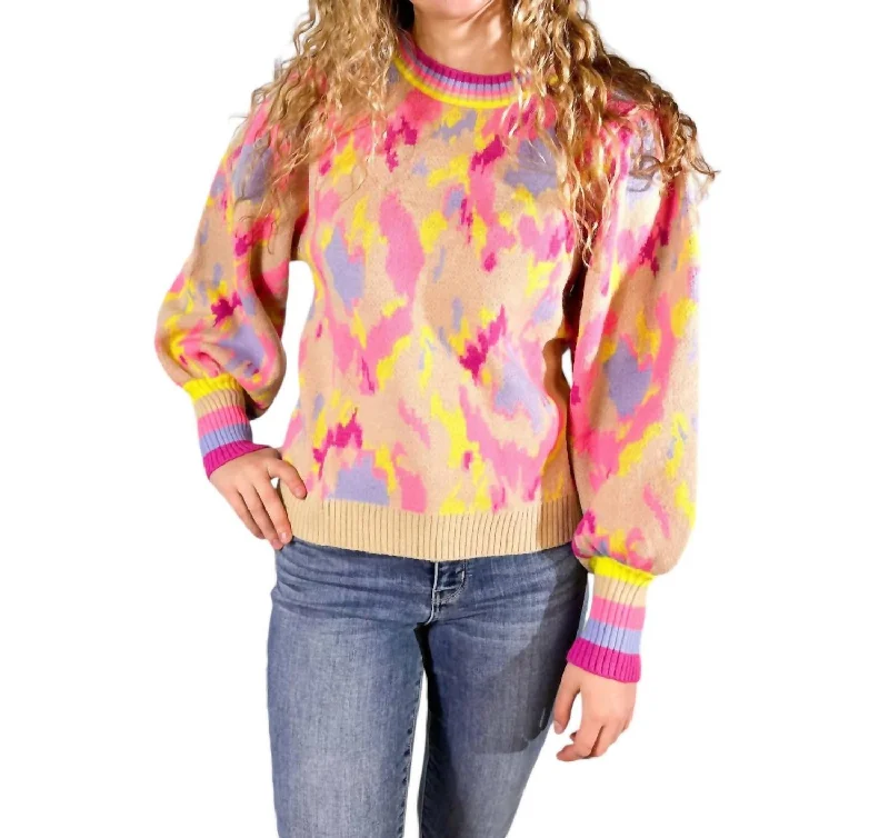 Oversized Women Sweater for a Cozy and Fashionable LookAbstract Print Balloon Sleeve Sweater In Multicolor