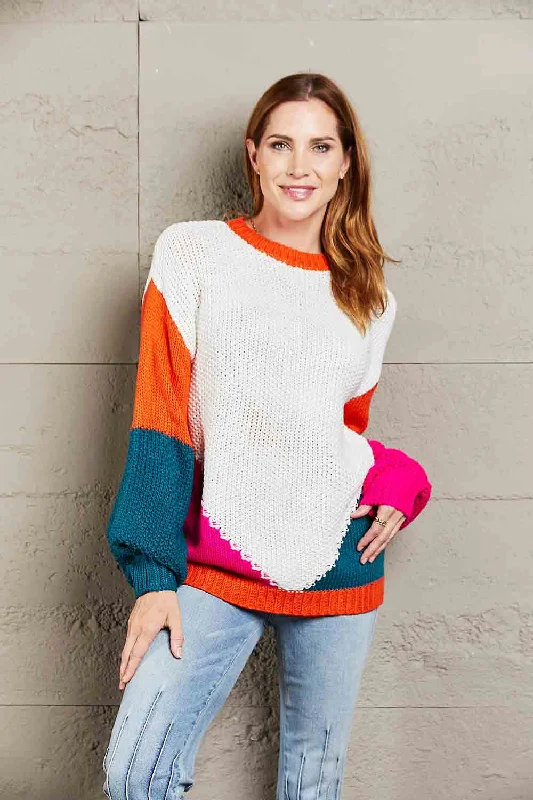 Mock - Neck Women Sweater for a Modern TwistAngel Wings Color Block Round Neck Drop Shoulder Sweater