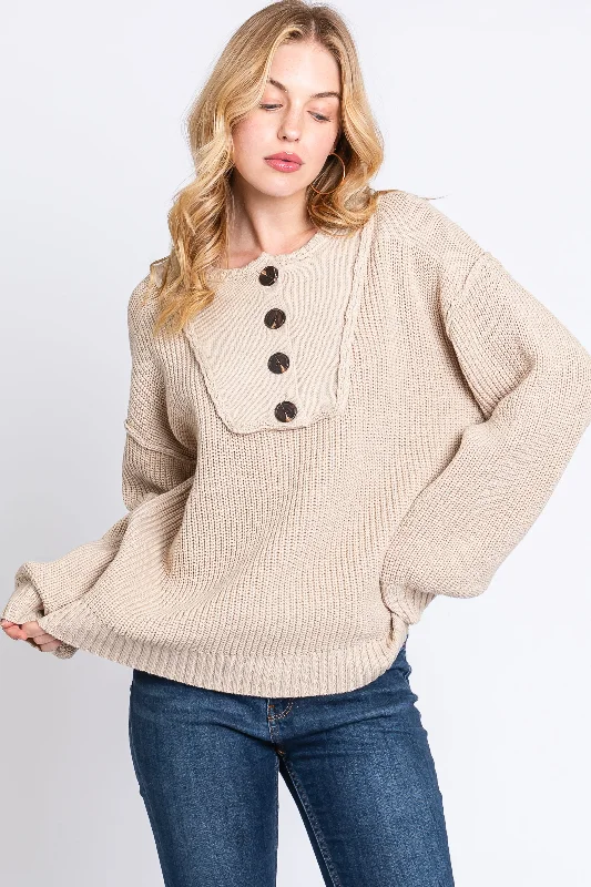 V - Neck Women Sweater to Elongate the NecklineBeige Front Button Knit Sweater