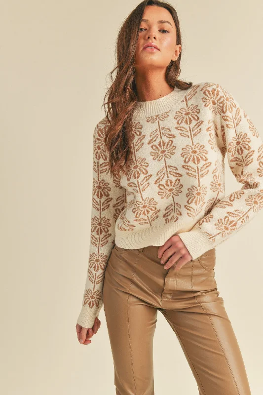 Oversized Women Sweater for a Cozy and Fashionable LookBeige Taupe Floral Pattern Knit Sweater