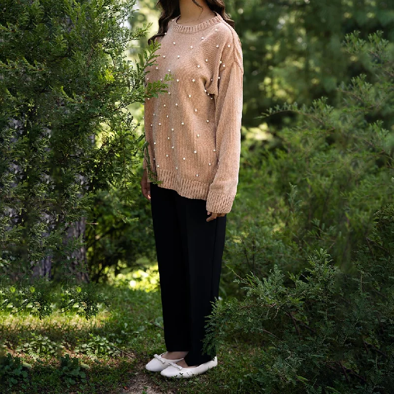 Button - Down Women Sweater for a Versatile LookBeige Velvet Sweater with Beads on Front PW4829