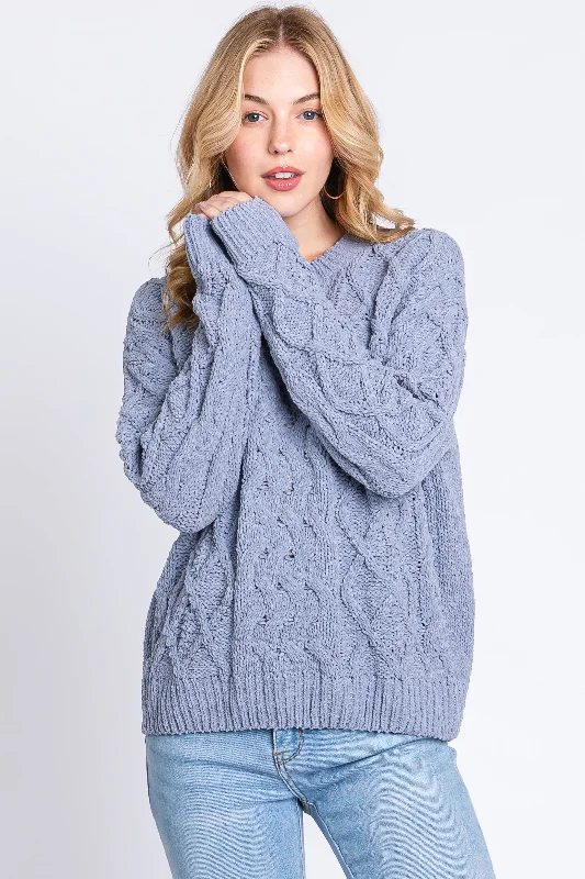 Lightweight Women Sweater for Spring and FallBlue Cable Knit Sweater