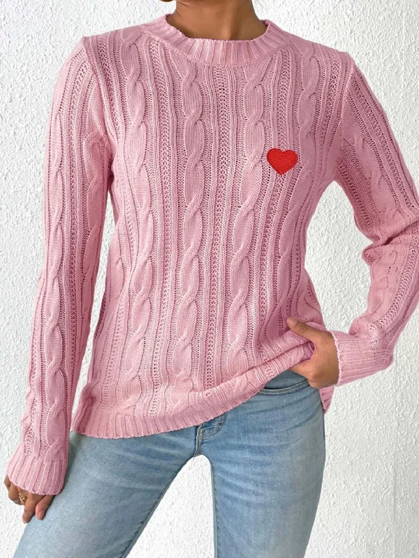 Long - Sleeve Women Sweater with Ribbed CuffsCable-Knit Heart Round Neck Long Sleeve Sweater