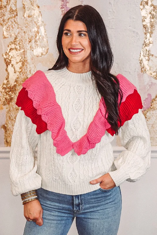 Hand - Knitted Women Sweater with Artisanal CharmCable Knit Frills Cream Sweater