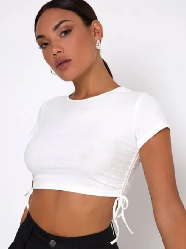 Long Sleeve Women T Shirt for Cooler WeatherCotton Stretchable Side Drawstring Crop Top