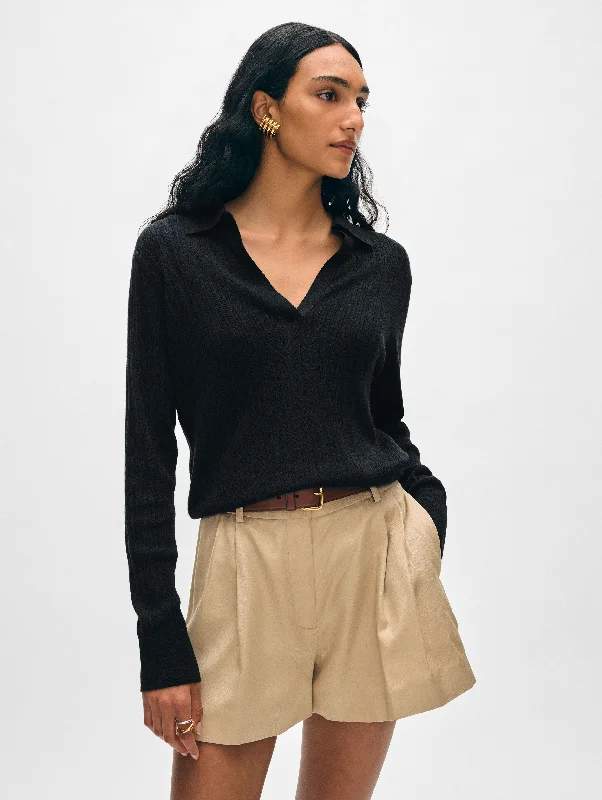 Cropped Women Sweater to Pair with High - Waisted BottomsCotton Linen Ribbed Polo