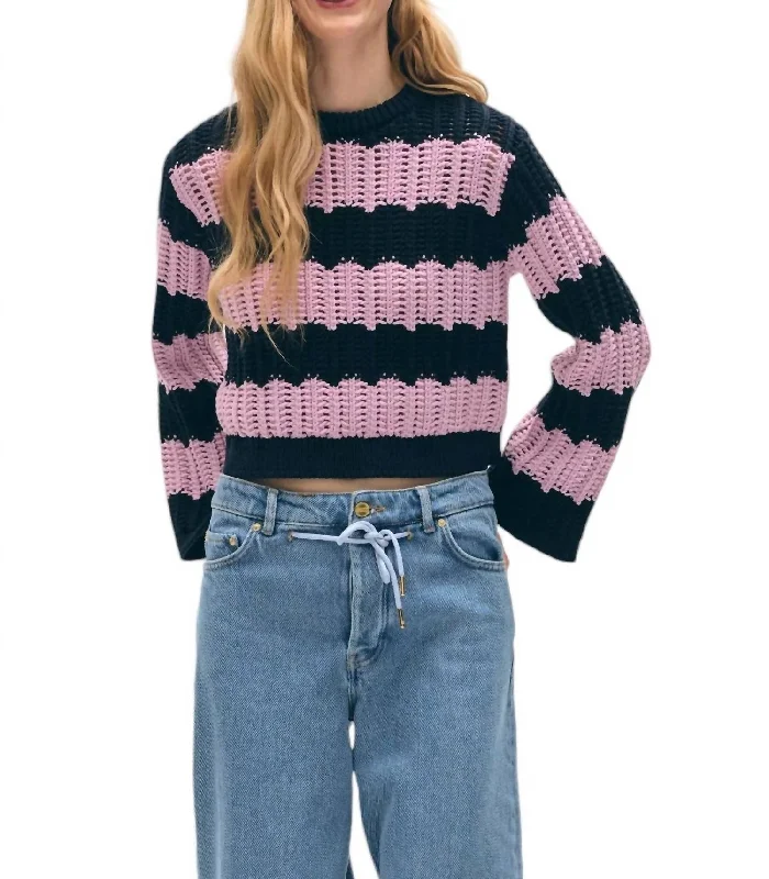 Lightweight Women Sweater for Spring and FallCotton Rope Bell Sleeve Crewneck Sweater In Purple Combo