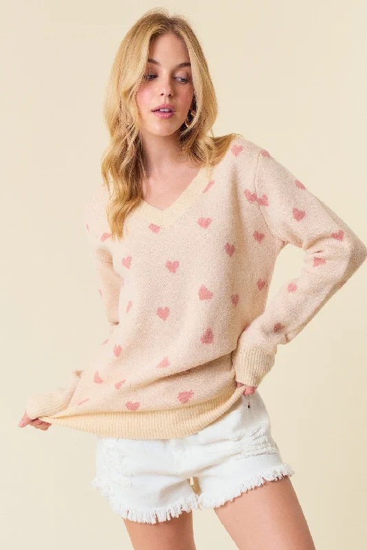 Striped Women Sweater with a Timeless PatternCream Heart Print Knit Sweater