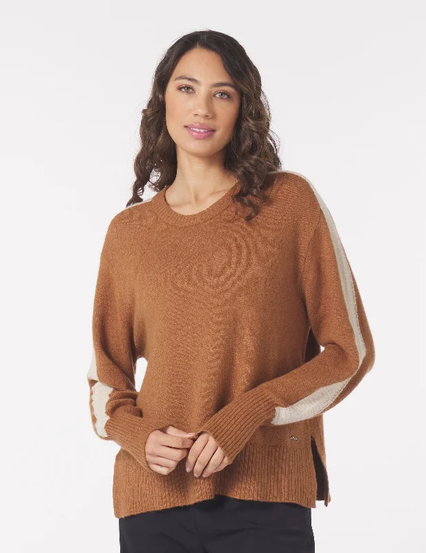 Long - Sleeve Women Sweater with Ribbed CuffsElevated Knit Crew: Almond