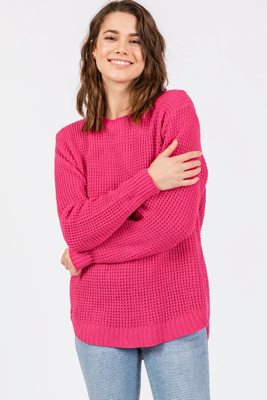 Cropped Women Sweater to Pair with High - Waisted BottomsFuchsia Waffle Knit Round Hem Sweater