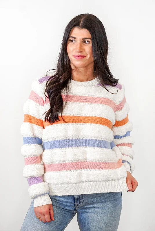 Lightweight Women Sweater for Spring and FallFuzzy Striped Cream Multicolor Sweater