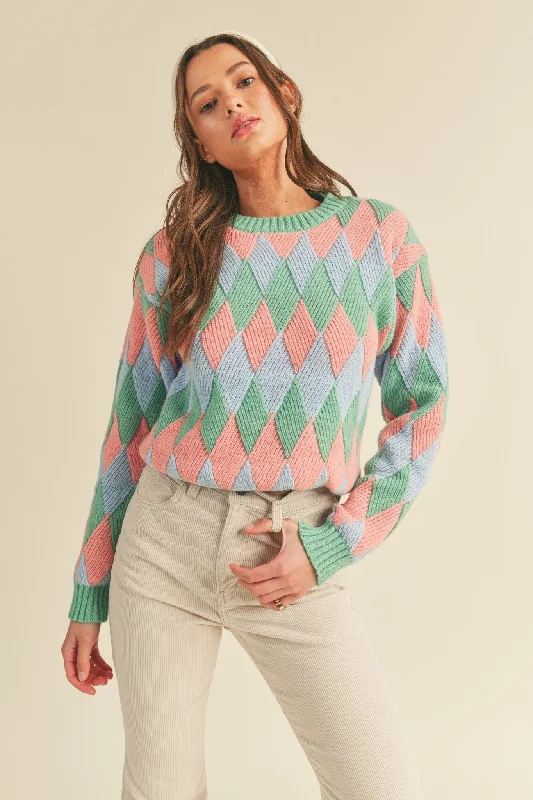 Plus - Size Women Sweater with a Flattering FitGreen Blush Multi-Color Diamond Knit Sweater