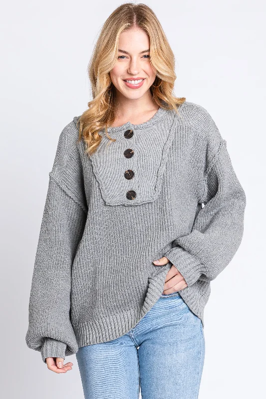 Button - Down Women Sweater for a Versatile LookGrey Front Button Knit Sweater