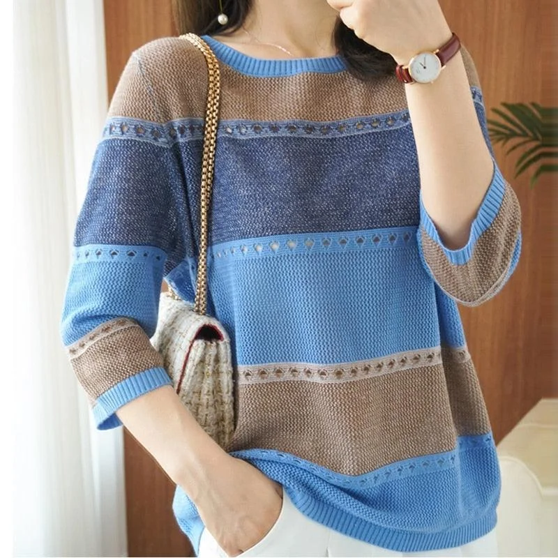 Striped Women Sweater with a Timeless PatternHoled Round Neck Knitted Sweater