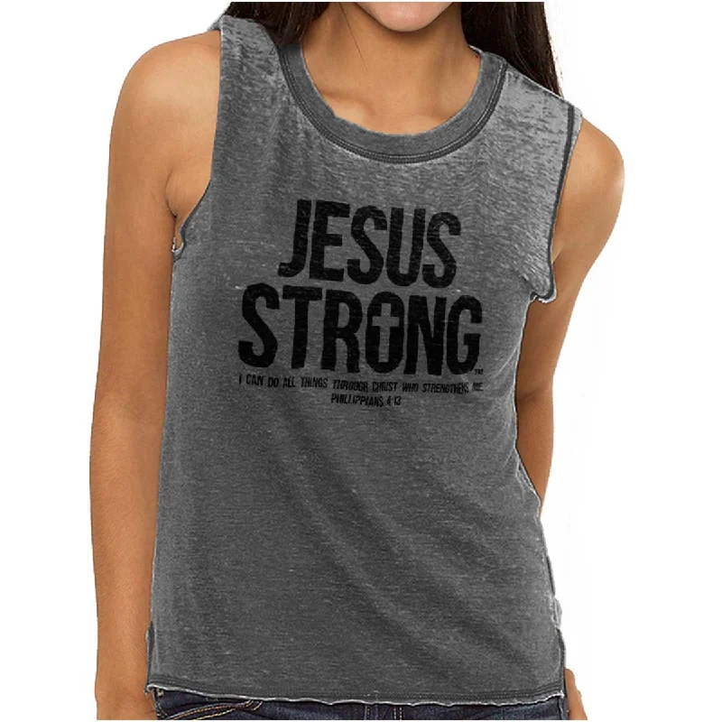 Distressed Women T Shirt with a Laid - Back AestheticJesus Strong Junior Muscle Tee