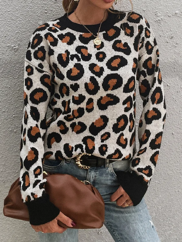 Color - Blocked Women Sweater for a Bold Fashion StatementLeopard Round Neck Dropped Shoulder Sweater