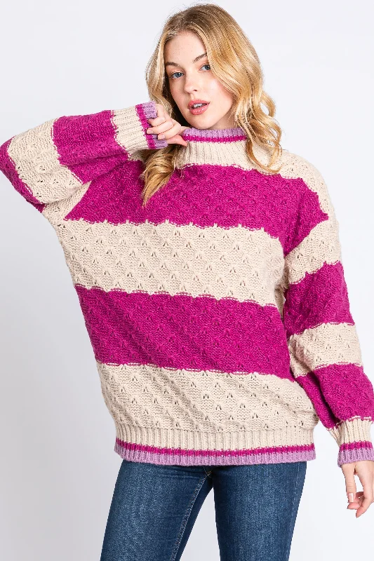 Button - Down Women Sweater for a Versatile LookMagenta Striped Mock Neck Sweater