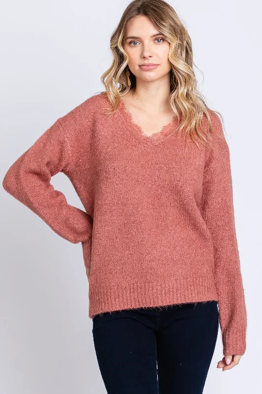 V - Neck Women Sweater to Elongate the NecklineMauve Soft Knit Lace Trim Sweater