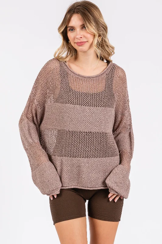 Turtleneck Women Sweater for a Classic and Elegant StyleMocha Crochet Knit Long Sleeve Cover-Up