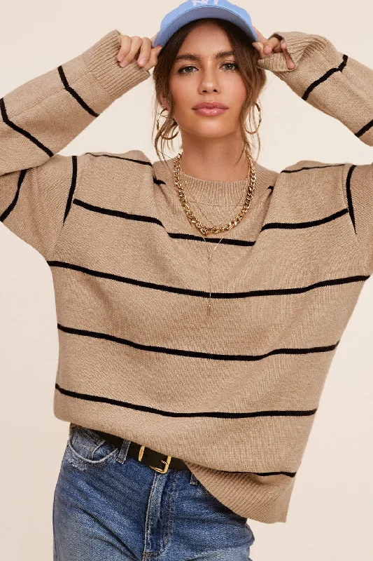 Cropped Women Sweater to Pair with High - Waisted BottomsMocha Striped Mock Neck Sweater