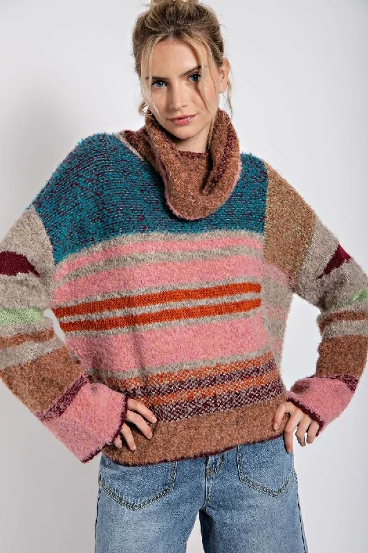 Long - Sleeve Women Sweater with Ribbed CuffsWinter Wonderland Multicolor Turtleneck Sweater