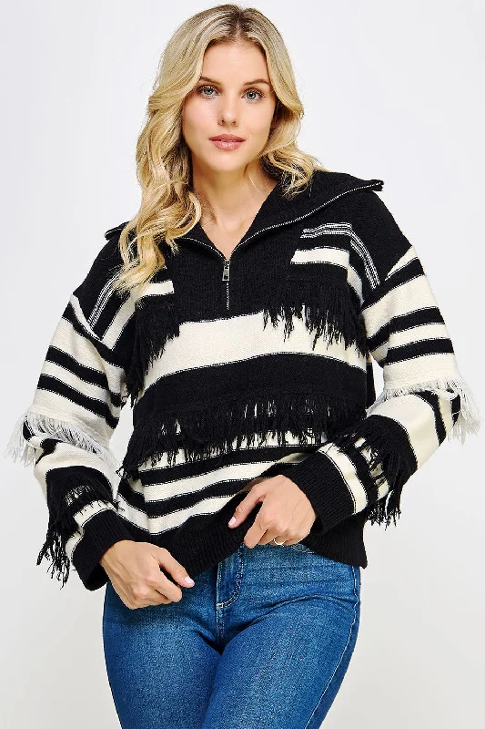 Striped Women Sweater with a Timeless PatternOne Wish Fringe Black Sweater