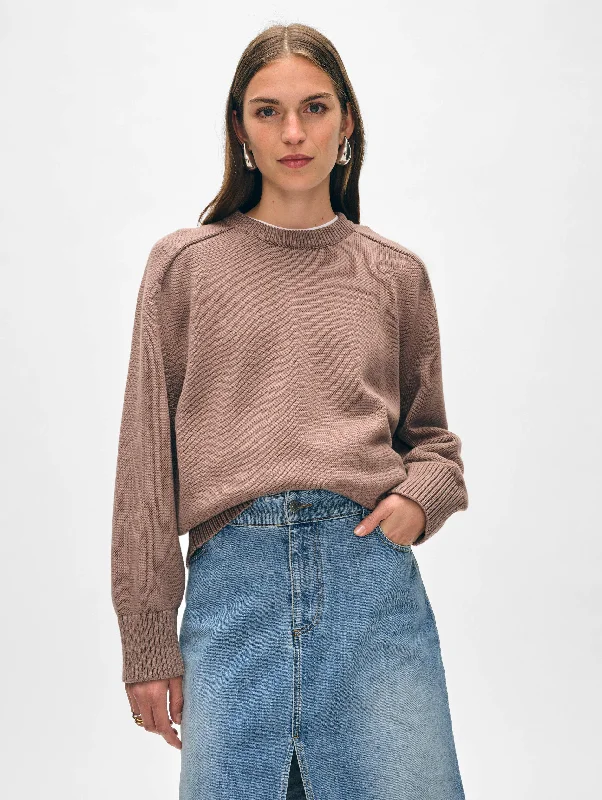 Cable - Knit Women Sweater with Intricate PatternsOrganic Cotton Saddle Sleeve Crewneck