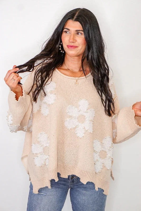 Mock - Neck Women Sweater for a Modern TwistPearl Embellished Daisy Natural Sweater