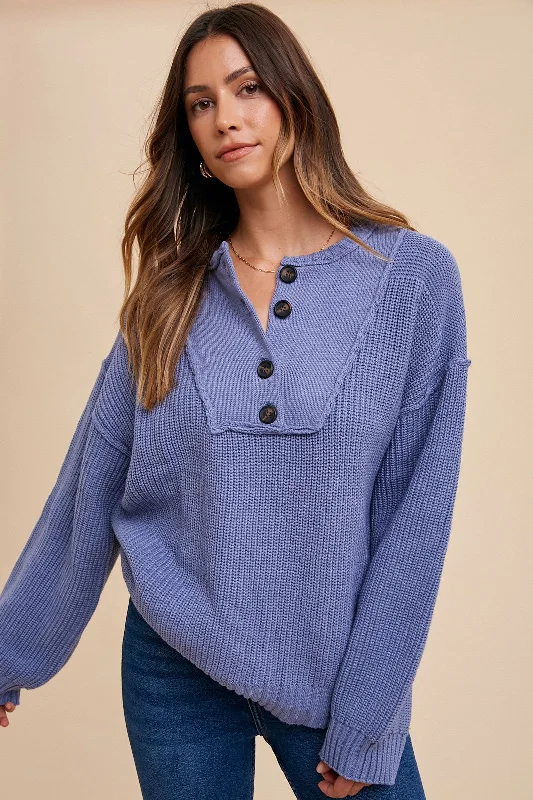 Long - Sleeve Women Sweater with Ribbed CuffsPeriwinkle Front Button Knit Sweater