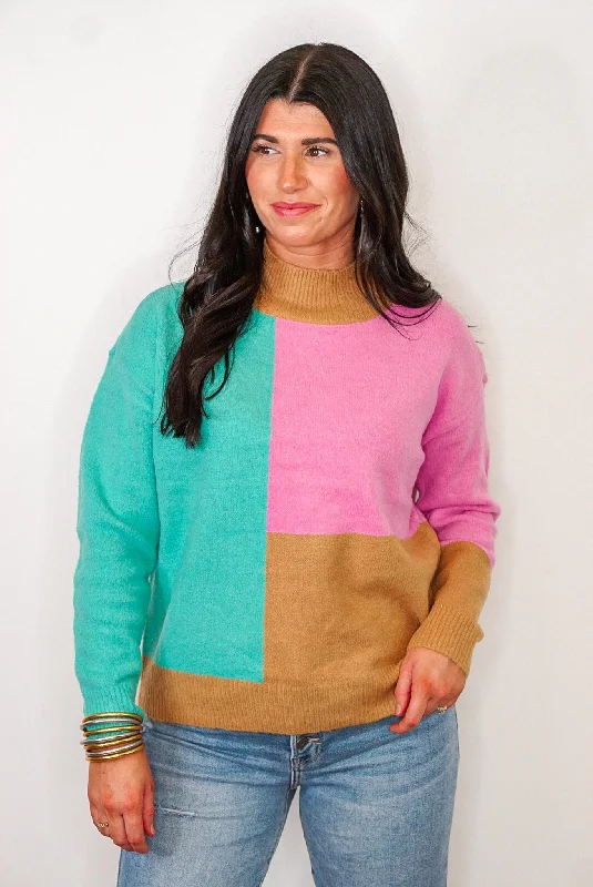 Open - Front Women Sweater for Easy LayeringPink And Teal Colorblock Sweater